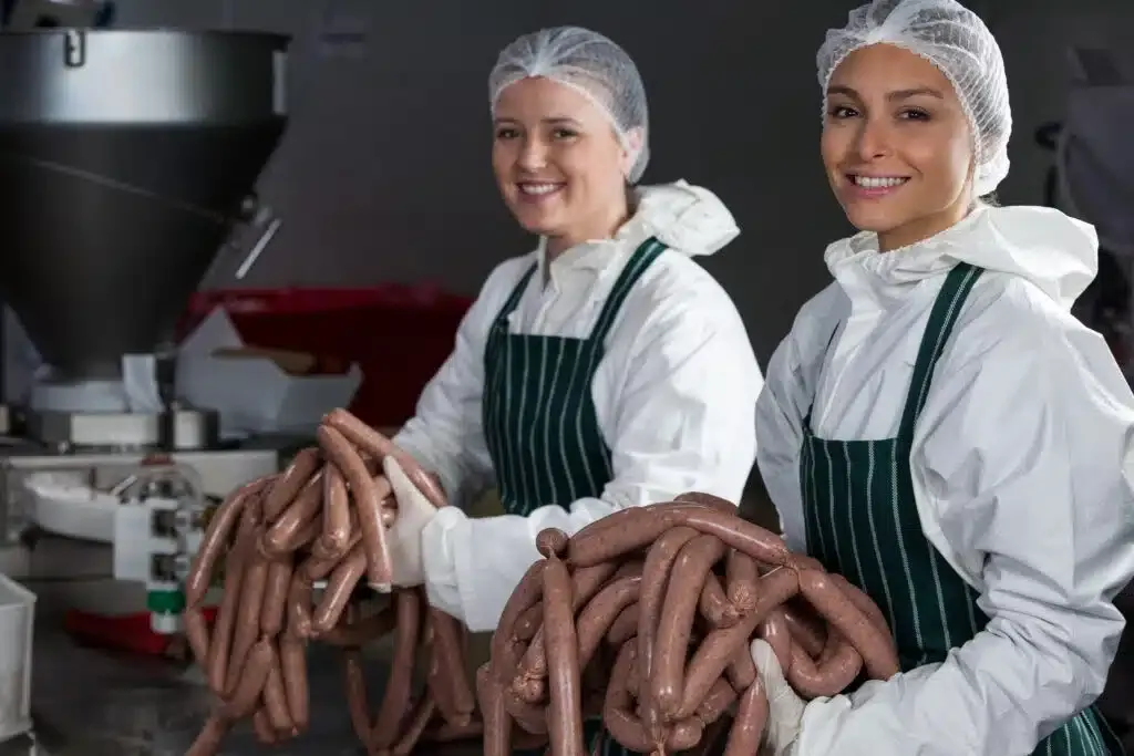 Female butchers processing sausages